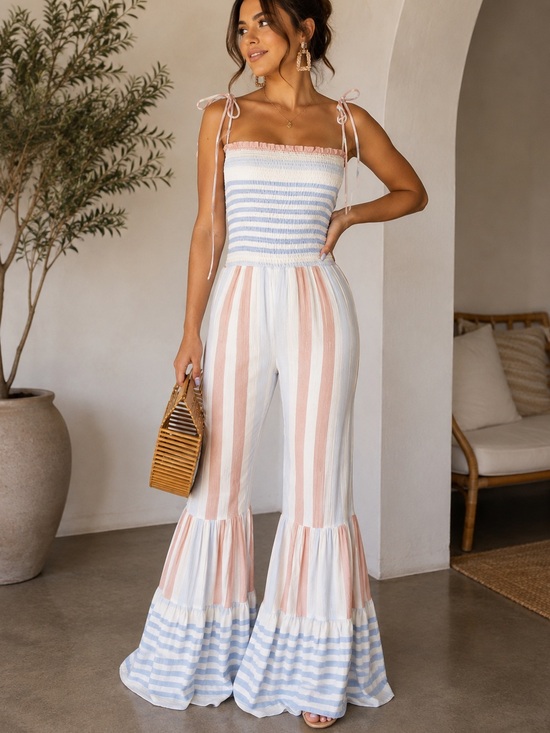 Pants - . The Sky’s The Limit Wide Leg Striped Tie Boho Jumpsuit